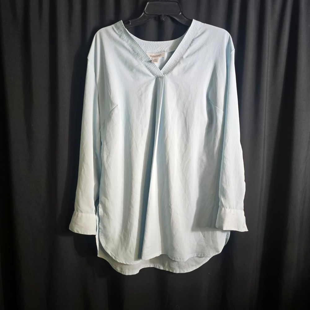 Motherhood Maternity Light Blue V-Neck Tunic Blouse Roll Tab Sleeve Medium